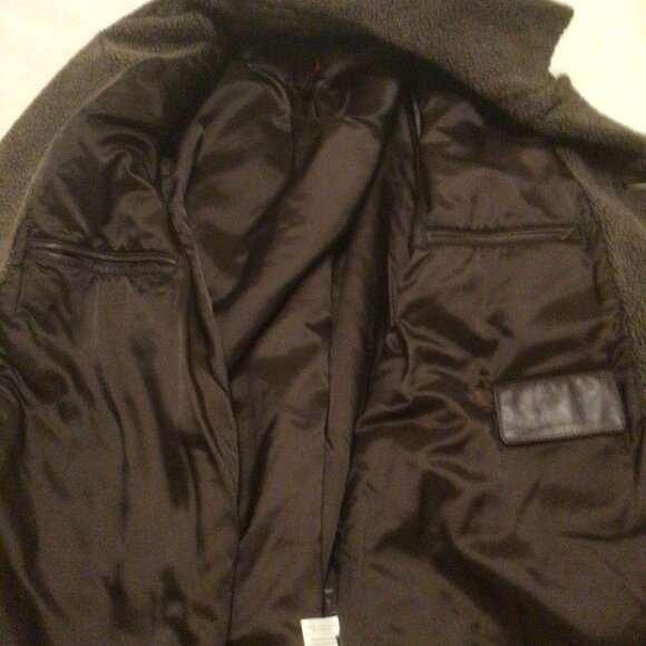 Men's Brown Leather Jacket Sherpa Colour and Trim Cart Coat Length 2XL - Picture 8 of 8